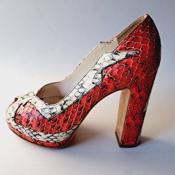 Miu Miu Runway Python Red Off-White Platform Heels Shoes Size 36 / US 6